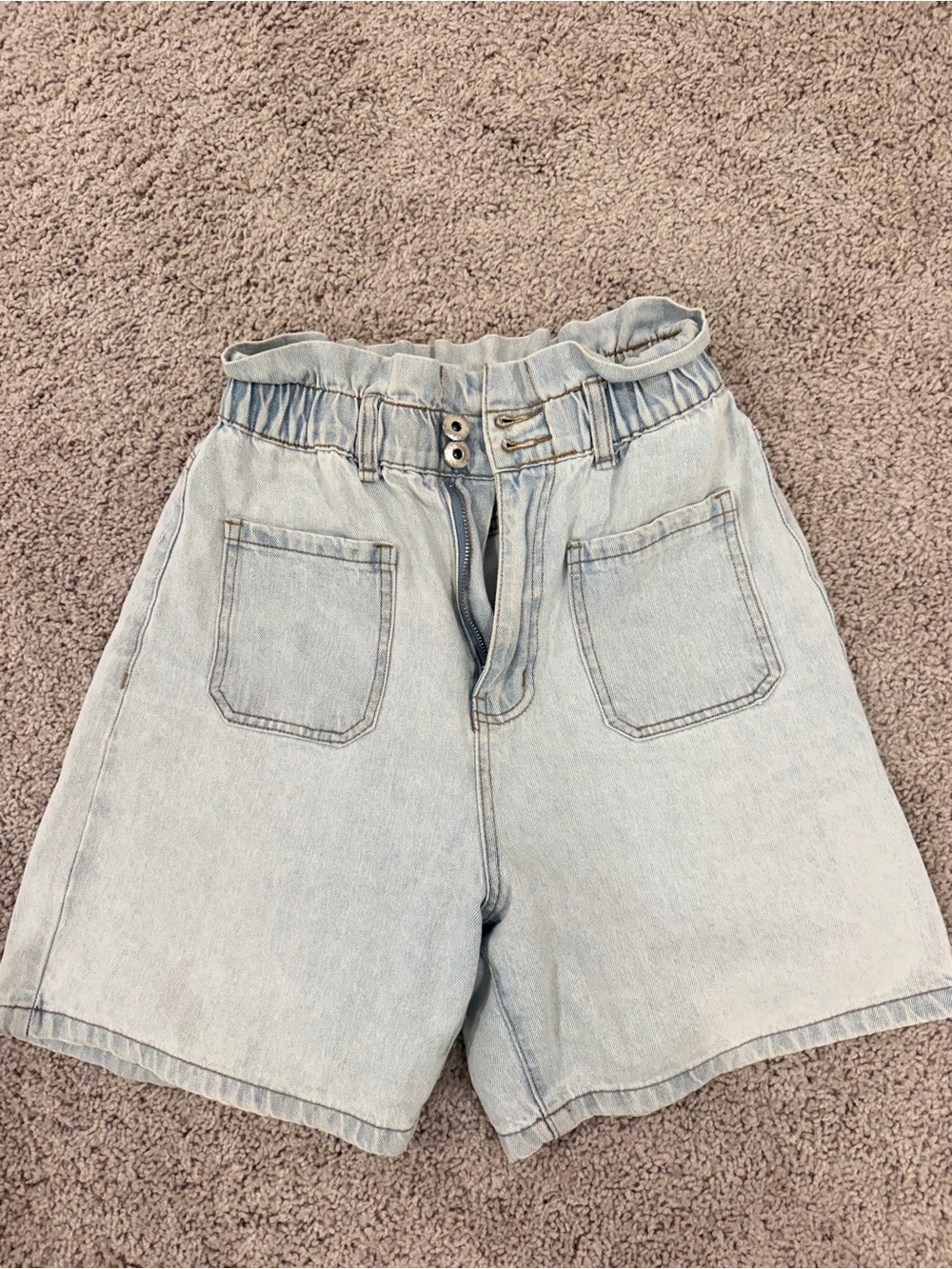 High-Rise Light Blue Paperbag Denim Shorts